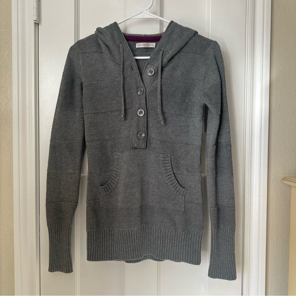 Aeropostale Bella Sweater Grey Y2K Hooded Drawstring Pullover Half Button Size M